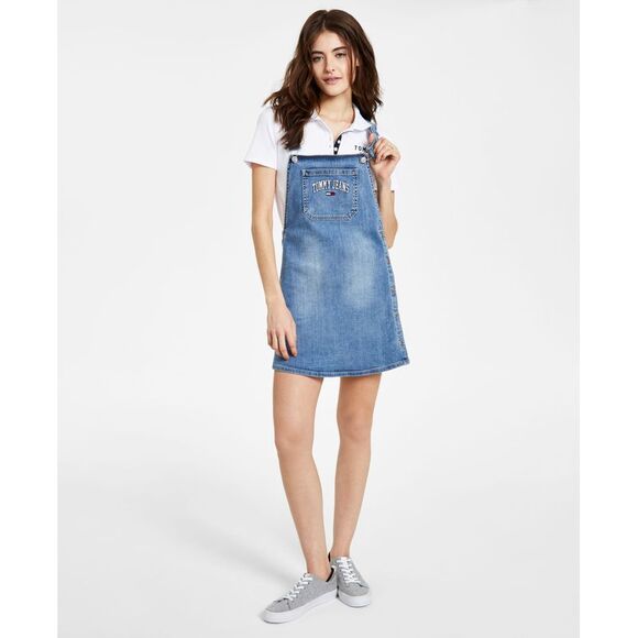 Tommy Jeans Embroidered Varsity Logo Denim Overall Dress - Picture 1 of 3